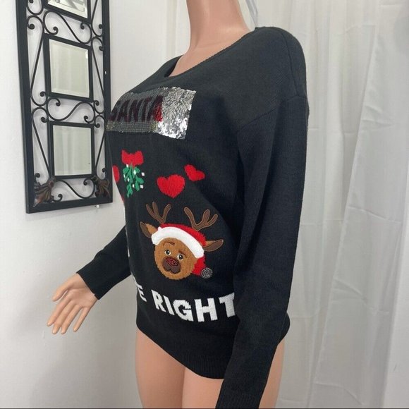 Merry&Bright Sequined Swipe Right Signed Christmas Sweater SZ M Rudolph - Santa - Picture 4 of 12